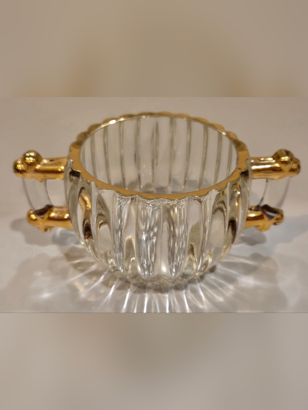 Jeannette Ribbed Glass Sugar Dish With Gold Trim